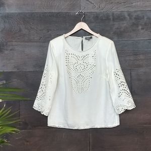 Neiman Marcus White Linen Eyelet Top